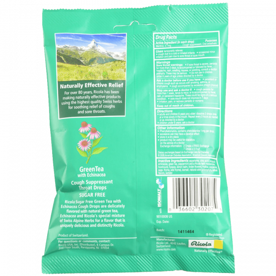 Ricola Cough Suppressant Throat Drops Green Tea with Echinacea Sugar Free 19 Drops
